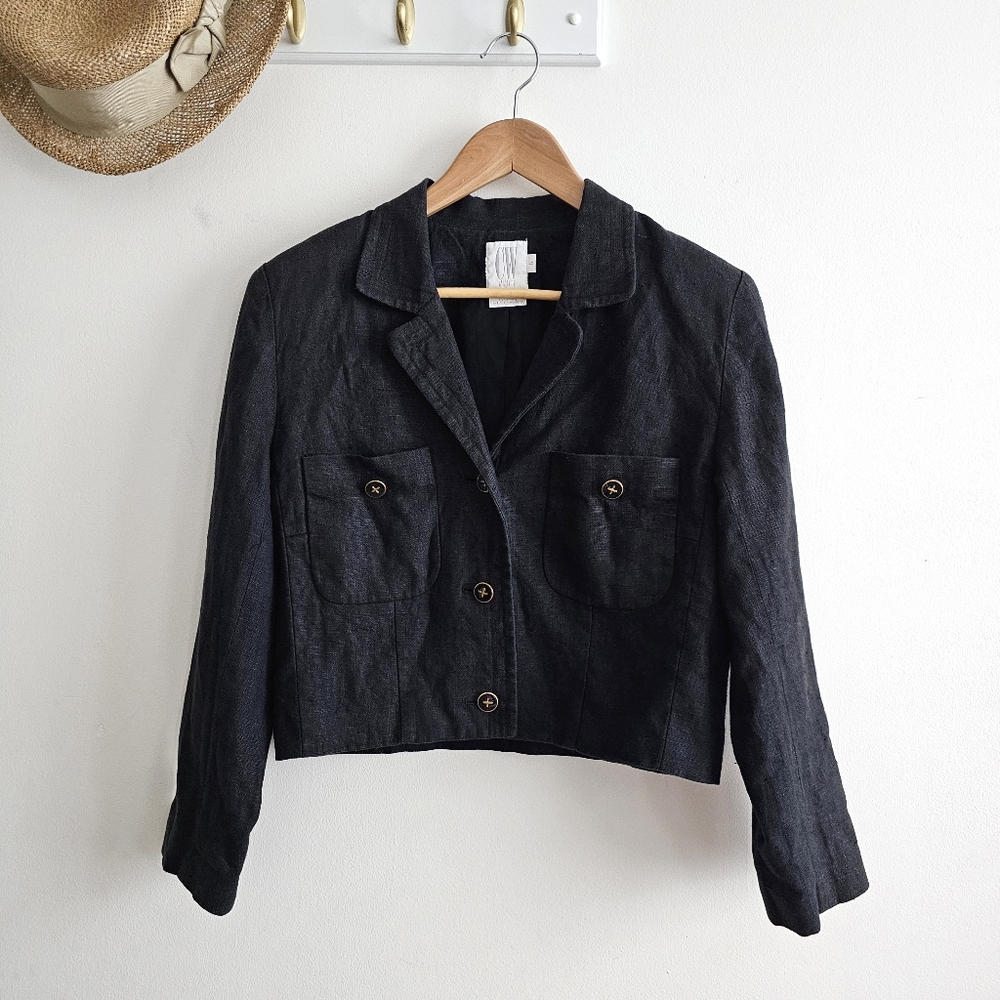 Vintage CW Clifford & Wills Pure Linen Cropped Black Blazer – Size 6